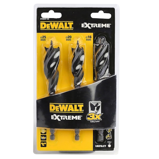 DEWALT Extreme drill bit set, three pieces in pack, sizes 25mm, 20mm, 16mm, for impact tools.