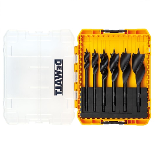 DEWALT drill bit set in a yellow and clear plastic case; six black auger bits arranged inside.