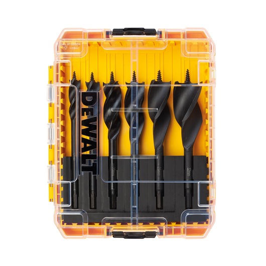 DEWALT drill bit set in a transparent yellow case with five wood drill bits arranged upright.