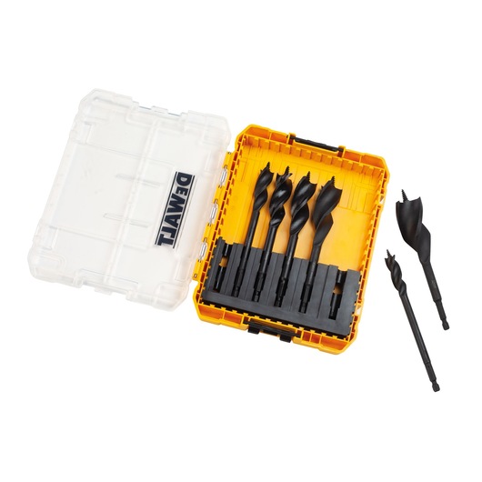 DEWALT set with six black drill bits in a yellow and clear case, two bits outside. Case labeled with brand.