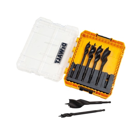 DEWALT drill bit set in a yellow plastic case, with several black drill bits and two laid outside the box.