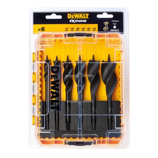 DEWALT drill bit set with six black wood auger bits in a clear plastic case, labeled with sizes 13-32mm.