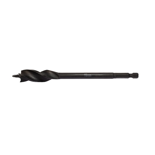 A black DEWALT auger drill bit with a hex shank and a pointed screw tip, marked with '16 mm', shown against a white background.