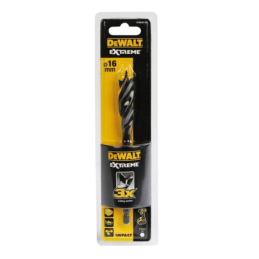 DEWALT EXTREME 16mm drill bit in retail packaging, featuring impact and cutting surface icons.