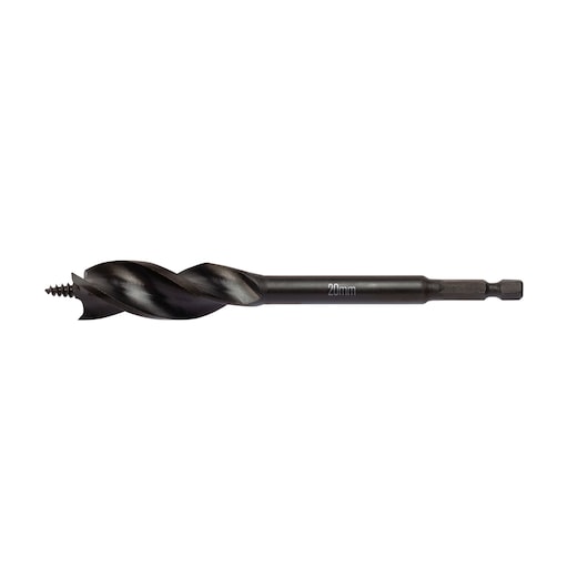 DEWALT 20mm wood drill bit with hex shank and screw tip, suitable for woodworking tasks.
