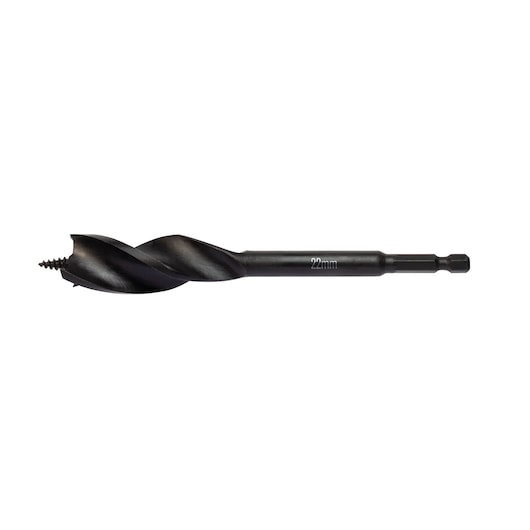 Black DEWALT 22mm hex shank wood drill bit with spiral design and screw tip.