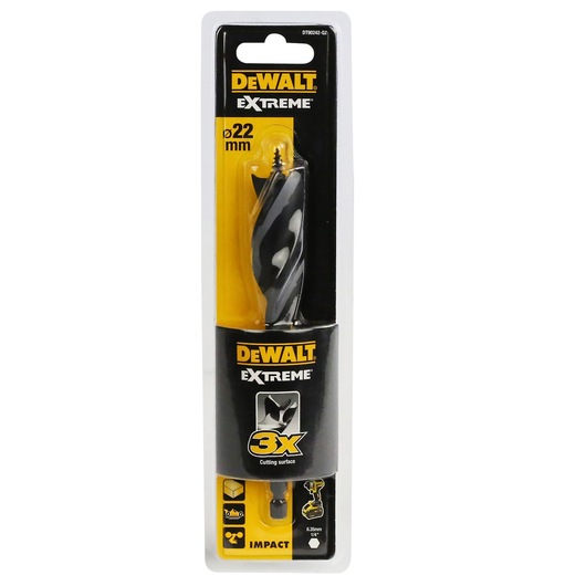 DEWALT Extreme wood drill bit in 22mm size, packaged and labeled for impact use with 3X cutting surface.
