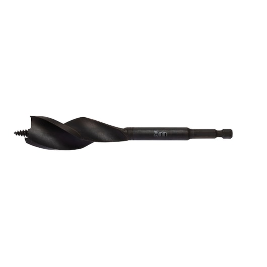 DEWALT 25mm auger drill bit with hex shank for wood drilling, shown against a white background.