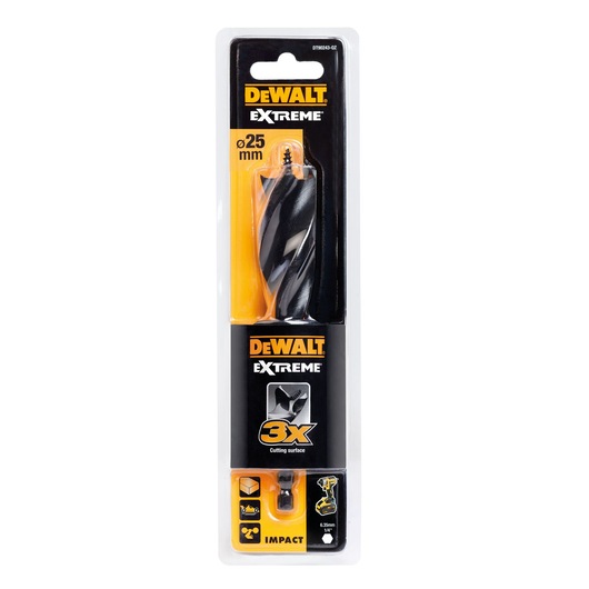 DEWALT Extreme drill bit DT90243 in sealed packaging, 25 mm diameter, suitable for impact drilling.