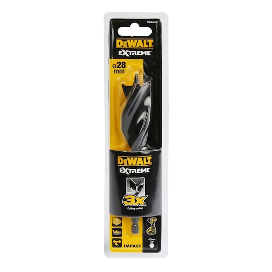 DEWALT Extreme drill bit in packaging, 28mm, SKUs DT90244, DT90244-QZ, photography category.