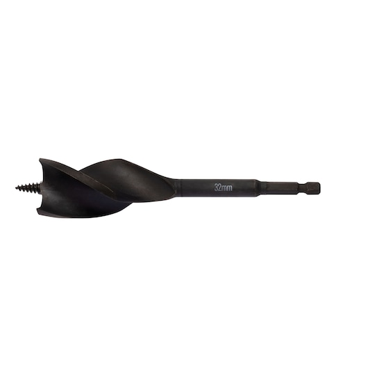 DEWALT 32mm auger drill bit with hex shank for woodworking applications on white background.