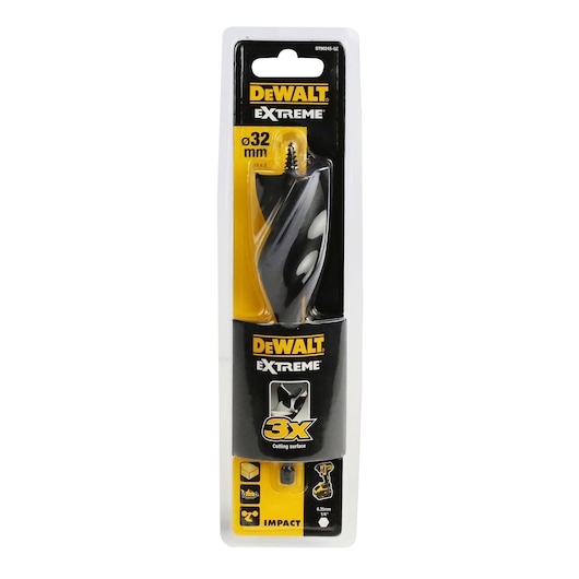 DEWALT Extreme impact drill bit 32 mm in plastic packaging with black and yellow branding.
