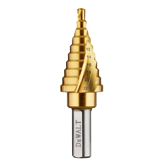 DEWALT gold step drill bit with engraved sizes for drilling multiple hole diameters.