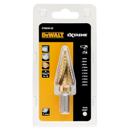 DEWALT Extreme step drill bit DT90246 in retail packaging with size markings and usage icons visible.