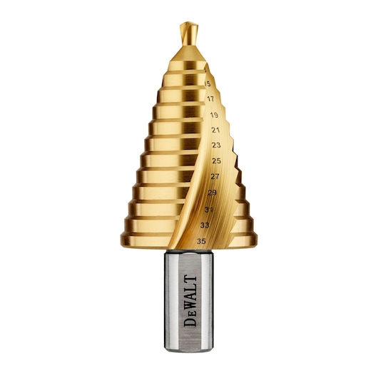 DEWALT step drill bit with numbered steps, gold finish, used for drilling various hole sizes.