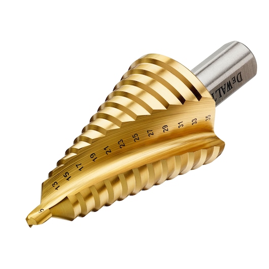 DEWALT stepped drill bit with size markings, designed for making holes of varying diameters in materials.