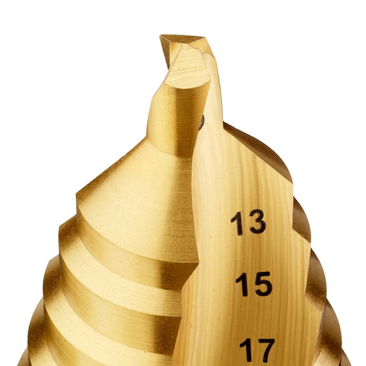 Close-up of a gold DEWALT step drill bit with visible diameter markings 13, 15, and 17.