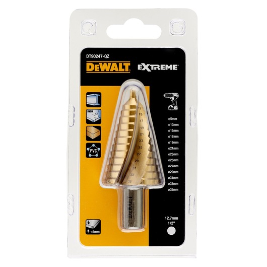 DEWALT DT90247 Extreme step drill bit in packaging, suitable for metal, wood, and PVC, sizes listed on pack.