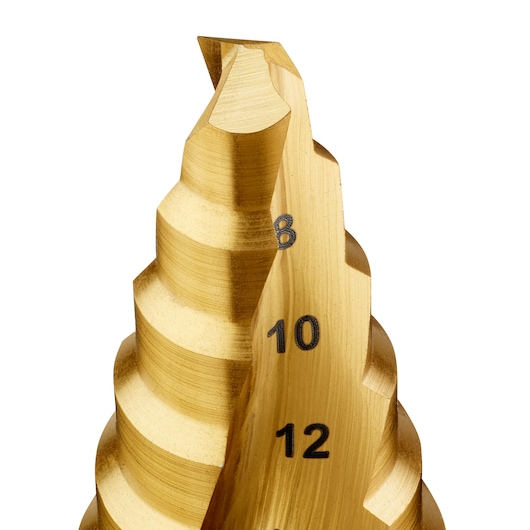 Close-up of a DEWALT step drill bit with visible size markings for drilling multiple hole diameters.
