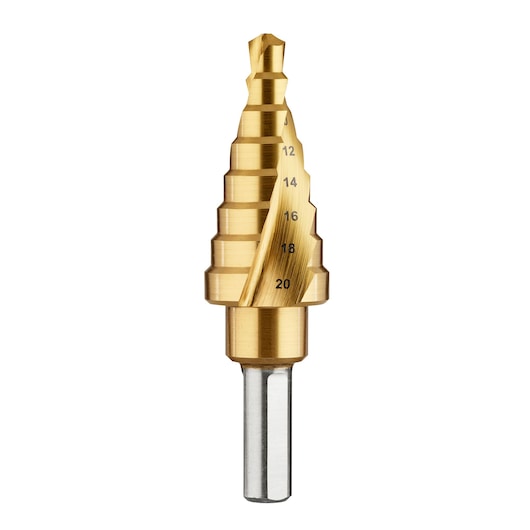 DEWALT step drill bit with titanium coating and size markings, used for drilling precise holes in metal.