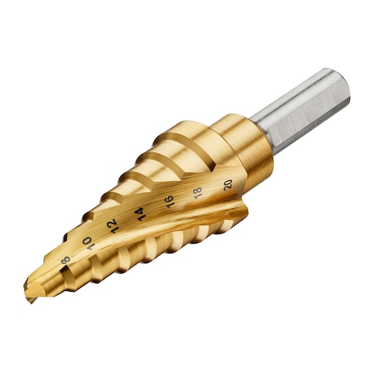 Gold DEWALT step drill bit with size markings, designed for precise hole drilling in metal.