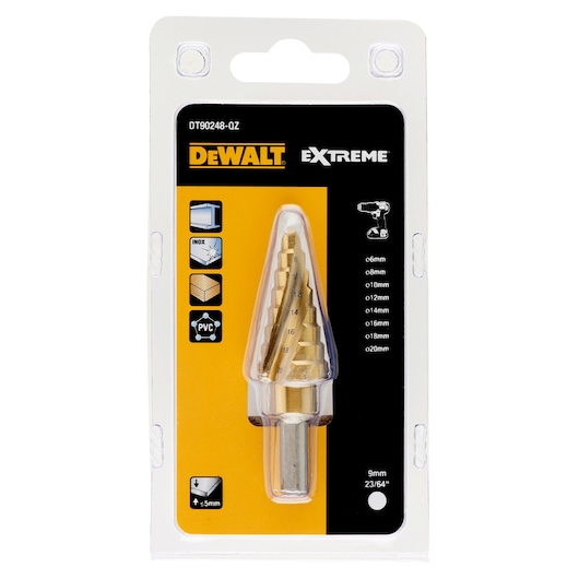 DEWALT Extreme DT90248 step drill bit in packaging, showing sizes for metal, wood, and PVC.