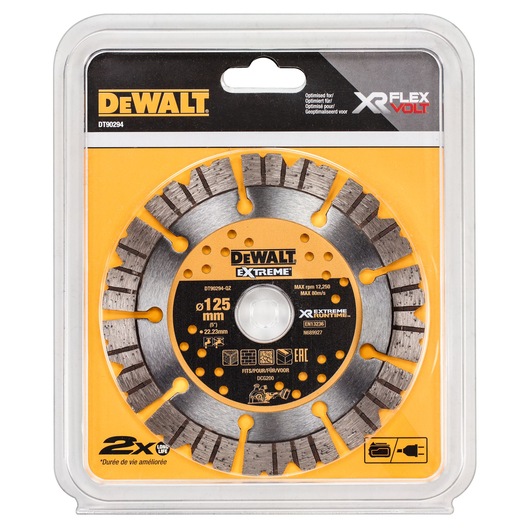 DEWALT DT90294 125mm XR FLEXVOLT diamond saw blade in retail packaging.