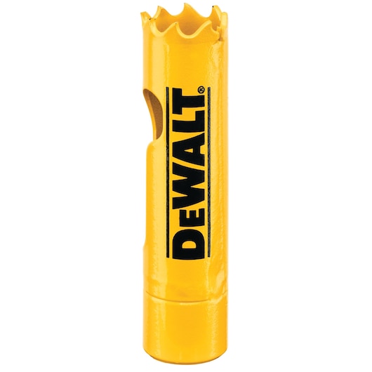 DEWALT yellow hole saw, DT90296 and DT90296-QZ SKUs, cylindrical with jagged edge.