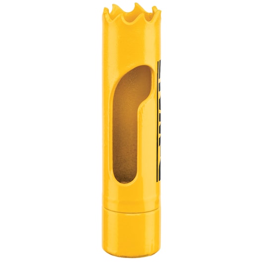 DEWALT yellow hole saw, DT90296, DT90296-QZ for photography. Cylindrical with open side, jagged top edge.