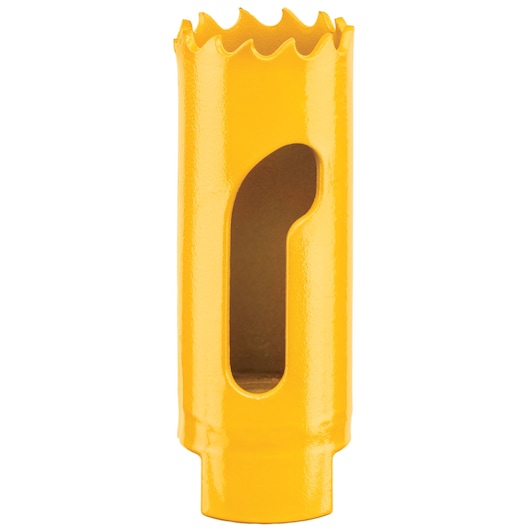 DEWALT hole saw DT90298, DT90298-QZ for photography category. Yellow, serrated edge, vertical view.