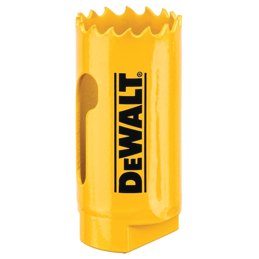 DEWALT hole saw, yellow, DT90304-QZ and DT90304 SKUs, cylindrical with serrated edge.