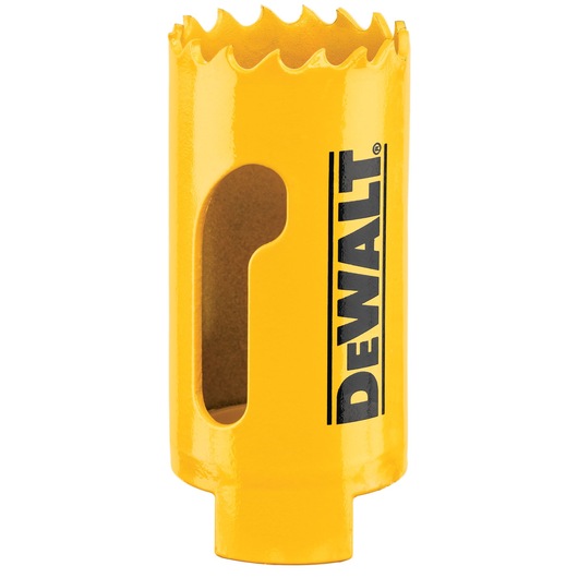 DEWALT hole saw DT90305, DT90305-QZ. Yellow tool with saw teeth for cutting. Photography category.
