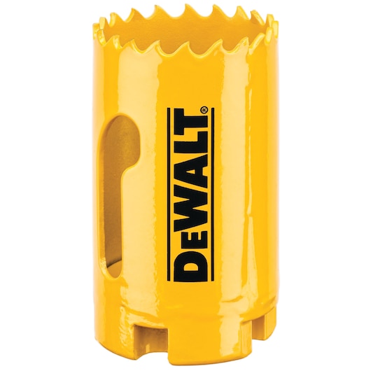 DEWALT hole saw, yellow, for DT90308 and DT90308-QZ Photography SKUs. Cylindrical tool with sharp teeth.