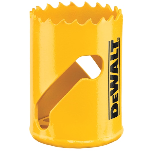 DEWALT hole saw, yellow, DT90312/DT90312-QZ, for photography. Cylindrical blade tool with sharp teeth.