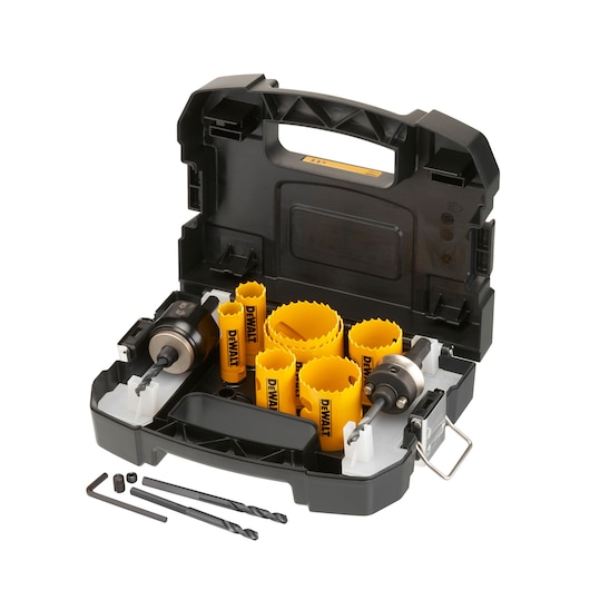 DEWALT hole saw set in a black case with various saw sizes, arbors and drill bits.