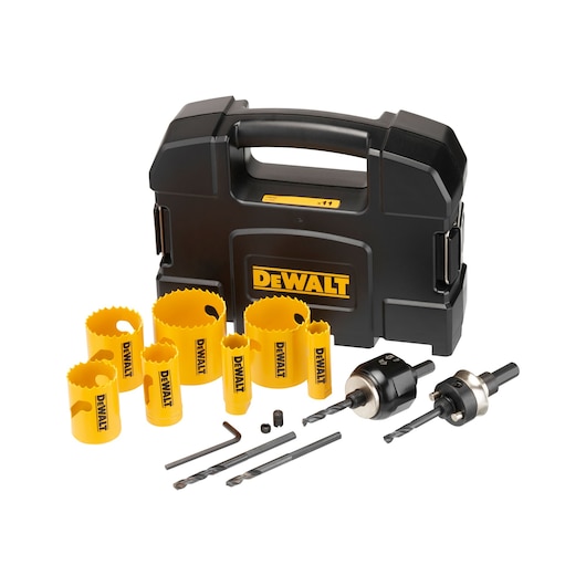 DEWALT hole saw kit with multiple yellow saws, drill bits, two arbors and a black carrying case.