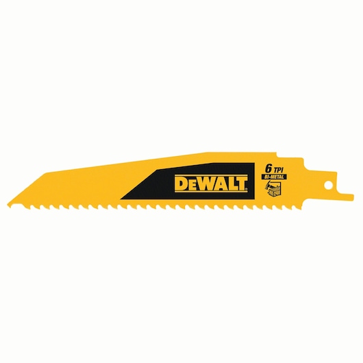 DEWALT DT90380 yellow bi-metal saw blade with 6 TPI for cutting, shown on white background.