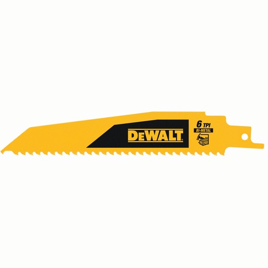 DEWALT bi-metal reciprocating saw blade, 6 TPI, yellow with logo and fine teeth for cutting.