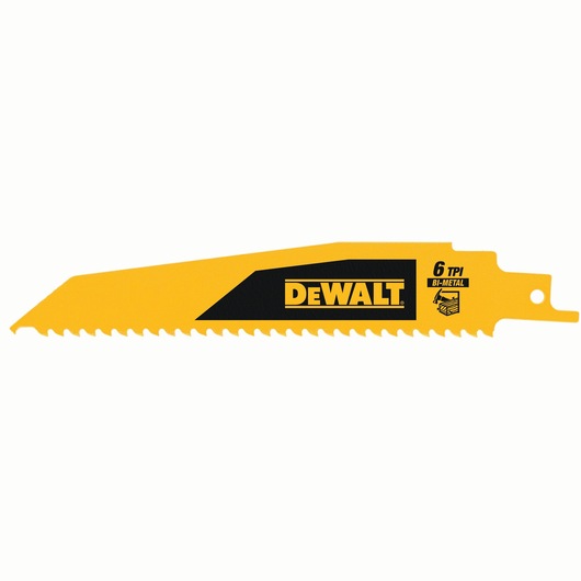 DEWALT bi-metal saw blade, yellow, 6 TPI, for reciprocating saws, suitable for cutting wood and metal.