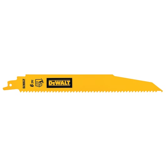 DEWALT DT90381 yellow reciprocating saw blade with 6 TPI for wood cutting, single blade shown.