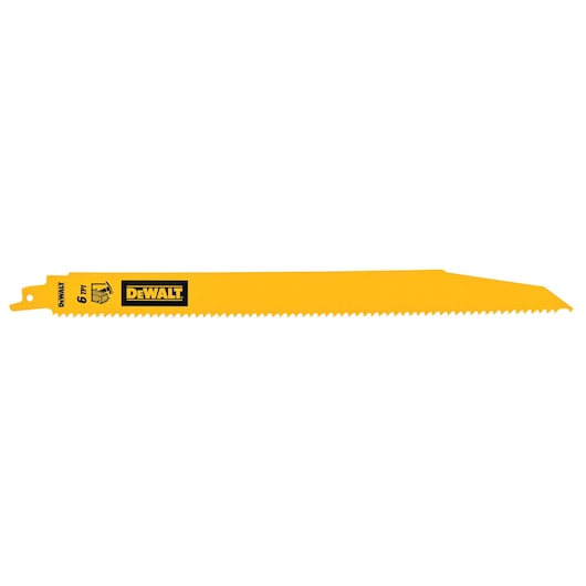 DEWALT yellow reciprocating saw blade with sharp teeth and brand label on left side.