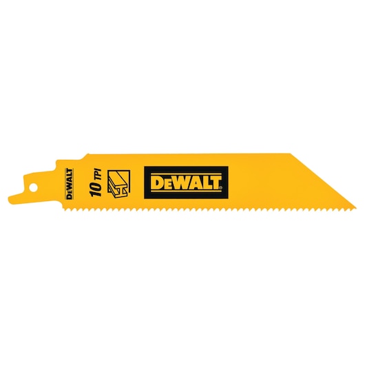 A yellow DEWALT reciprocating saw blade with 10 TPI (teeth per inch), designed for cutting metal or steel, shown isolated on a white background.