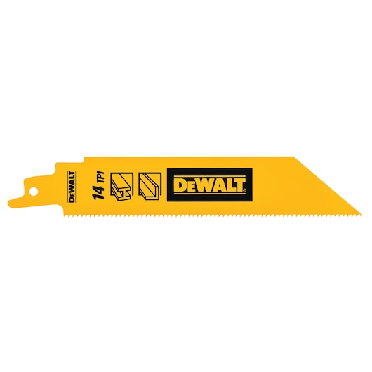 DEWALT DT90385 yellow reciprocating saw blade with 14 TPI for cutting metal and aluminum profiles.