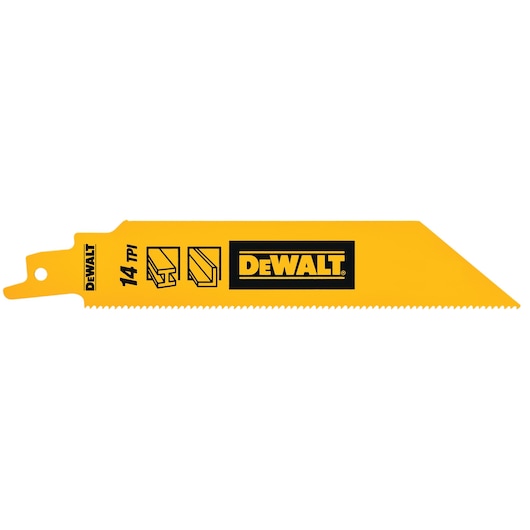 DEWALT yellow reciprocating saw blade with 14 TPI, designed for cutting various materials.
