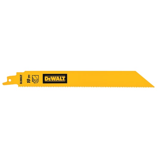 Yellow DEWALT reciprocating saw blade with angled tip and 10 TPI marking for cutting materials.