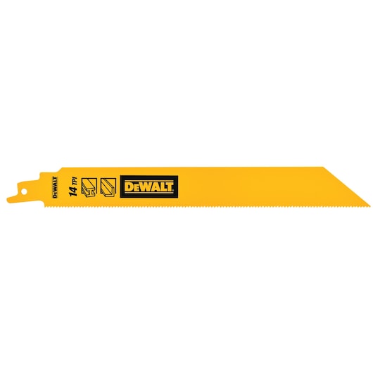 DEWALT DT90387 yellow reciprocating saw blade with 14 TPI for cutting wood and metal.