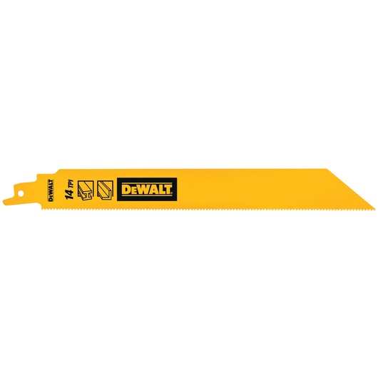 DEWALT yellow 14 TPI reciprocating saw blade for cutting metal, shown on a white background.