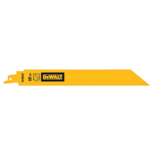 Yellow DEWALT saw blade with fine teeth, 18 TPI, for cutting, isolated on white background.