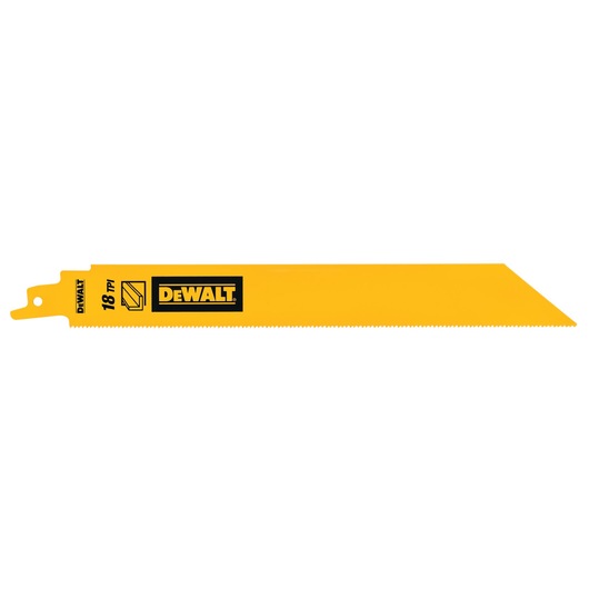 DEWALT yellow reciprocating saw blade, DT90388, with 18 TPI teeth for cutting metal and other materials.