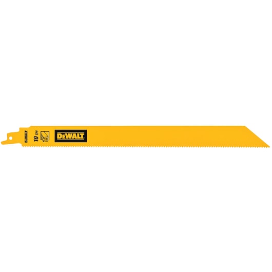 DEWALT DT90389 yellow reciprocating saw blade with sharp teeth, 10 TPI, used for cutting wood.